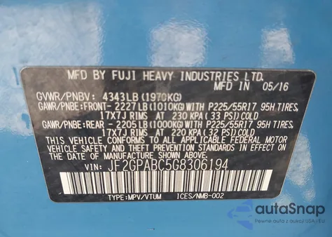 2016 Subaru Crosstrek 2.0I Premium from USA, damaged, VIN JF2GPABC5G8306194